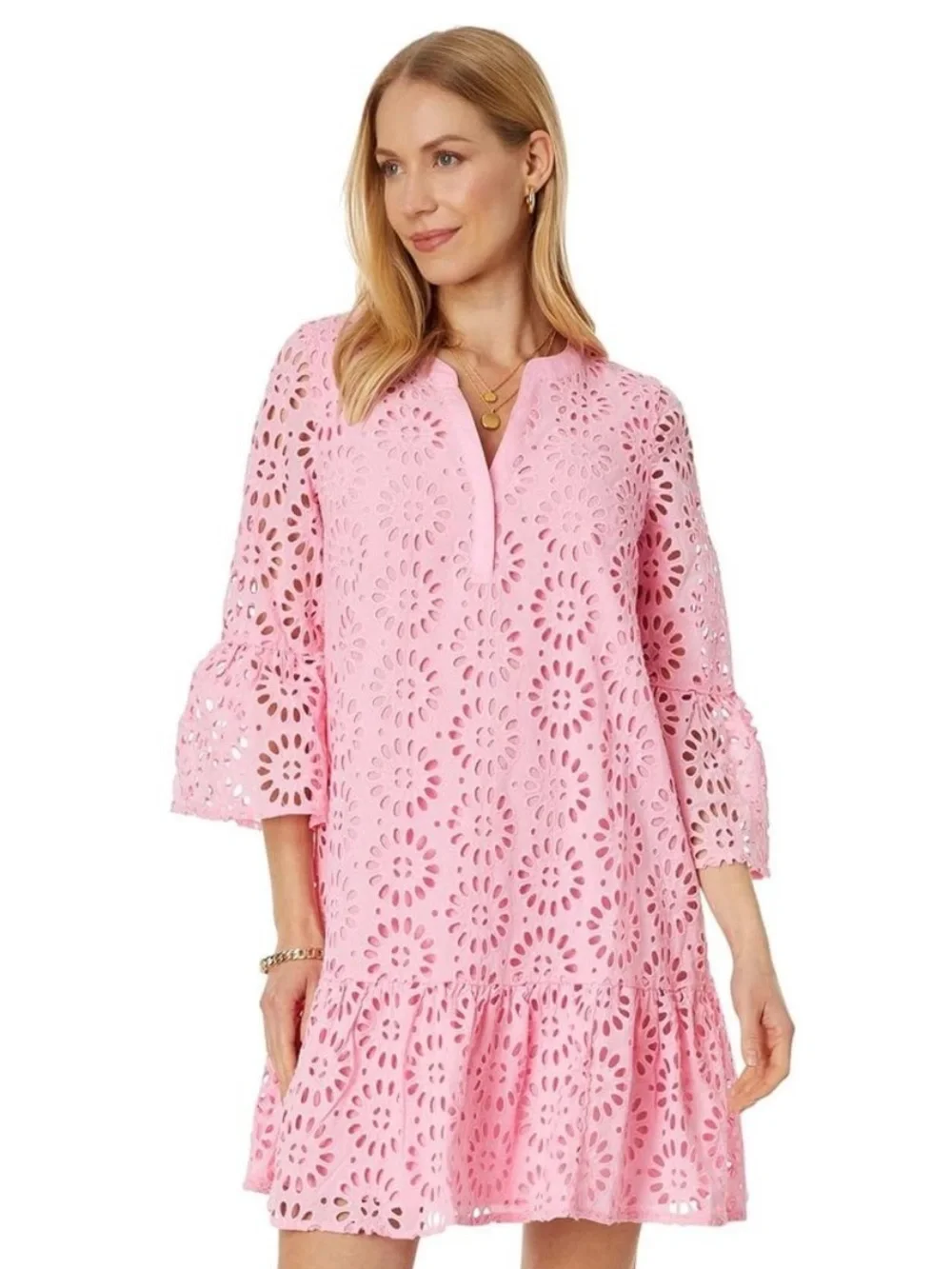 Lilly Pulitzer Bekah Eyelet Tunic Dress Peony Pink 3/4 Sleeve M - Picture 3 of 16